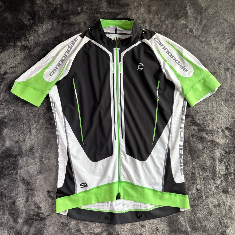 Cannondale Mens Cycling Jersey 2XL Short Sleeve Full Zip Blk Wht Green Portugal